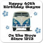 Camper Van (Blue) On The Move Since.. Personalised Birthday Coaster
